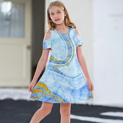 cheap Kids-Kids Little Girls&#039; Dress Graphic Daily Holiday Vacation A Line Dress Print Blue Above Knee Short Sleeve Casual Cute Sweet Dresses Spring Summer Regular Fit 3-12 Years