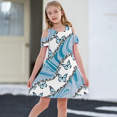 cheap Girls&#039; Clothing-Kids Little Girls&#039; Dress Butterfly Animal Daily Holiday Vacation A Line Dress Print Blue Above Knee Short Sleeve Casual Cute Sweet Dresses Spring Summer Regular Fit 3-12 Years