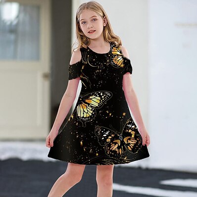 cheap Girls&#039; Clothing-Kids Little Girls&#039; Dress Butterfly Animal Daily Holiday Vacation A Line Dress Print Black Yellow Above Knee Short Sleeve Casual Cute Sweet Dresses Spring Summer Regular Fit 3-12 Years