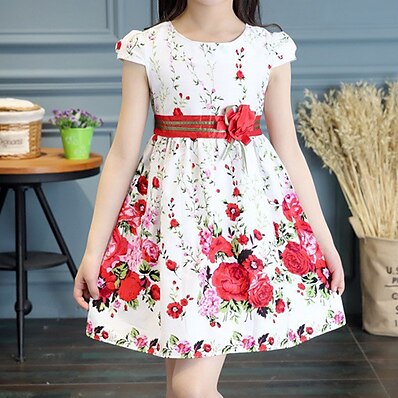 cheap Girls&#039; Clothing-Kids Little Dress Girls&#039; Floral Birthday Daily Holiday Bow White Elegant Cute Sweet Dresses Spring Summer Regular Fit 3-12 Years