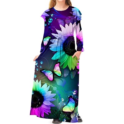 cheap Girls&#039; Clothing-Kids Little Girls&#039; Dress Floral Butterfly Animal Daily Holiday Vacation A Line Dress Print Black Maxi Long Sleeve Casual Cute Sweet Dresses Spring Summer Regular Fit 3-10 Years