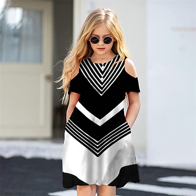 cheap Girls&#039; Clothing-Kids Little Girls&#039; Dress Striped Geometric Daily Holiday Vacation A Line Dress Print Black Above Knee Short Sleeve Casual Cute Sweet Dresses Spring Summer Regular Fit 3-12 Years