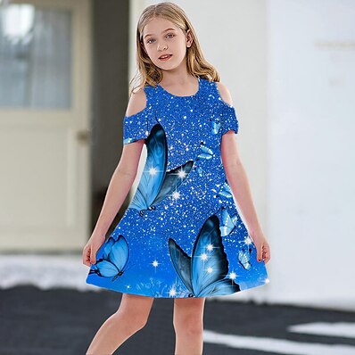 cheap Girls&#039; Clothing-Kids Little Girls&#039; Dress Butterfly Animal Daily Holiday Vacation A Line Dress Print Blue Above Knee Short Sleeve Casual Cute Sweet Dresses Spring Summer Regular Fit 3-12 Years