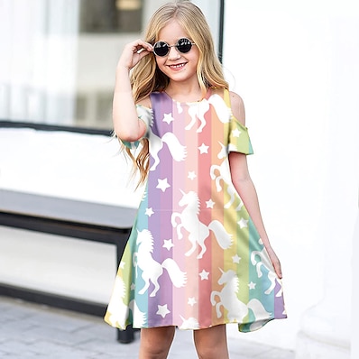 cheap Girls&#039; Clothing-Kids Little Girls&#039; Dress Unicorn Animal Daily Vacation A Line Dress Patchwork Print Green Pink Rainbow Above Knee Short Sleeve Sweet Dresses Summer Loose 3-12 Years