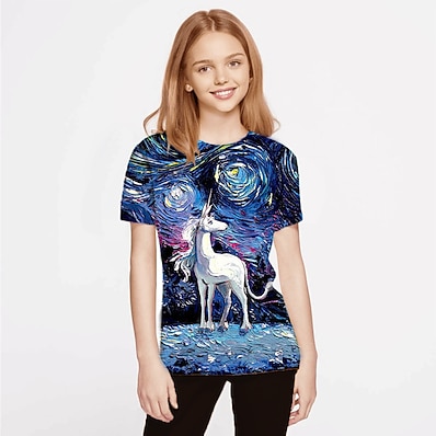 cheap Girls&#039; Clothing-Kids Girls&#039; T shirt Short Sleeve 3D Print Unicorn Animal Blue Children Tops Active Fashion Streetwear Spring Summer Daily Outdoor Regular Fit 3-12 Years / Cute