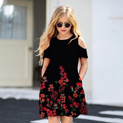 cheap Girls&#039; Clothing-Kids Little Girls&#039; Dress Floral Daily Holiday Vacation A Line Dress Print Black Above Knee Short Sleeve Casual Cute Sweet Dresses Spring Summer Regular Fit 3-12 Years