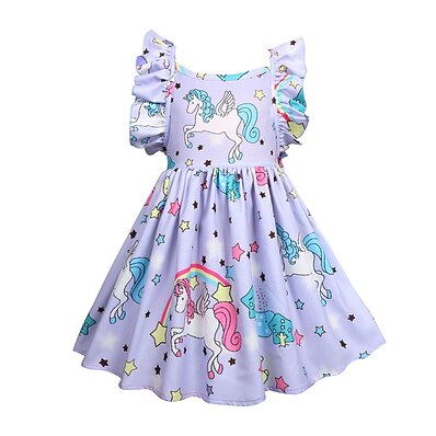 cheap Girls&#039; Clothing-Kids Little Dress Girls&#039; Solid Colored Geometric Unicorn Party Casual Carnival Blue Purple Blushing Pink Sleeveless Active Beautiful Cute Dresses 2-8 Years