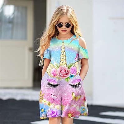cheap Girls&#039; Clothing-Kids Little Dress Girls&#039; Cartoon Unicorn Daily Holiday Vacation A Line Dress Print Multicolor Purple Pink Above Knee Short Sleeve Casual Cute Sweet Dresses Spring Summer Regular Fit 3-12 Years