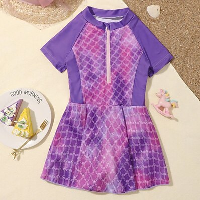 cheap Girls&#039; Clothing-Kids Girls&#039; One Piece Swimwear Swimsuit Print Swimwear Short Sleeves Scales Purple Active Cute Outdoor Swimming Bathing Suits 1-5 Years / Spring / Summer