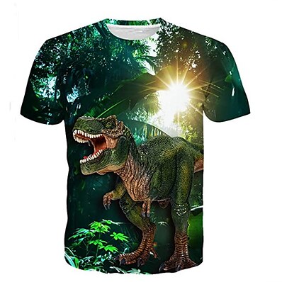 abordables Vêtements Garçons-T-shirt Garçon Enfants Manches Courtes Dinosaure 3D effet Vert-de-gris Enfants Hauts Actif Eté du quotidien Standard 4-12 ans