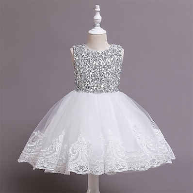 hesapli ÇOCUK-Çocuklar Küçük Genç Kız Elbise Solid Çiçek Parti Günlük Tül Elbise Payetler Nakış Fiyonklar Yonca Beyaz Sarı Diz-boyu Kolsuz Prenses sevimli Stil Elbiseler Bahar Yaz İnce 2-8 Yıl