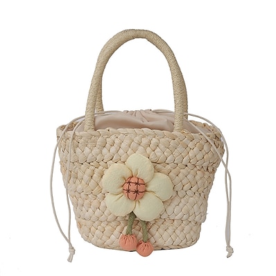 cheap Bags-Women&#039;s Girls&#039; Straw Bag Beach Bag Straw Lunch Bag Top Handle Bag Bowknot Flower Pattern Holiday Date Going out Solid Color Beige lined Beige Unlined