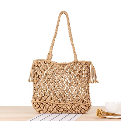 ราคาถูก กระเป๋า-สำหรับผู้หญิง กระเป๋าสาน Beach Bag ฟางข้าว กระเป๋าถือยอดนิยม ทุกวัน กลางแจ้ง สีทึบ ขาว อูฐ