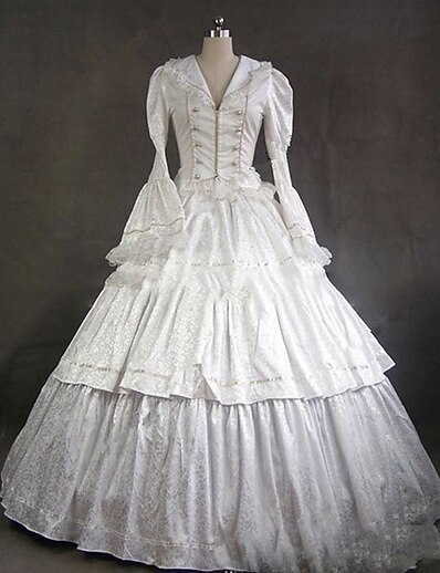 Χαμηλού Κόστους Στολές της παλιάς εποχής-Μαρία Αντωνιέτα Ροκοκό Βικτοριανό 18ος αιώνας Κοκτέιλ Φόρεμα Vintage Φόρεμα Φορέματα Κοστούμι πάρτι Χορός μεταμφιεσμένων Φόρεμα χορού Γυναικεία Σατέν Στολές Λευκό Πεπαλαιωμένο Μεταμφίεση Μακρυμάνικο