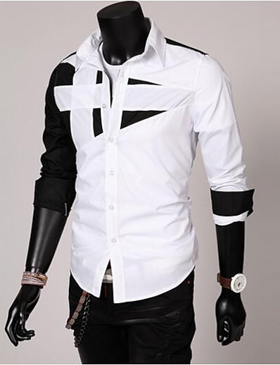 お買い得  男性-男性用 シャツ ソリッド カラーブロック レギュラーカラー 日常 長袖 トップの シンプル ホワイト ブラック グレー