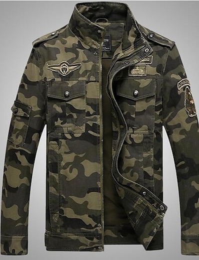 cheap Men’s Jackets &amp; Coats-Men&#039;s Jacket Fall Daily Weekend Regular Coat Stand Collar Regular Fit Military Jacket Long Sleeve Camo / Camouflage Army Green Khaki / Cotton