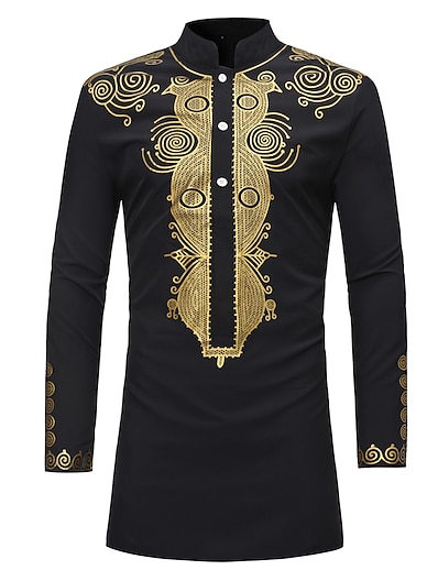 cheap Men&#039;s Tops-Men&#039;s Shirt Tribal Collar Standing Collar Long Sleeve Print Tops Casual Vintage Black