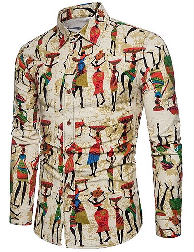 tanie Mężczyźni-Męskie Koszula Kreskówki Geometryczny Plemienny Kołnierzyk koszuli Codzienny Długi rękaw Nadruk Najfatalniejszy Khaki / Wiosna