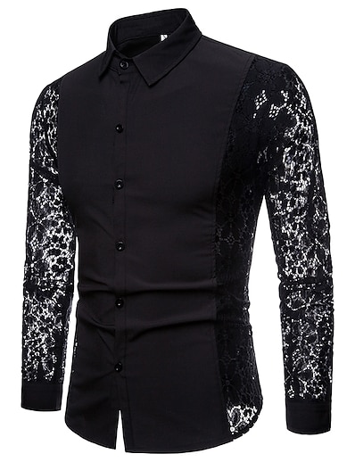 cheap Men&#039;s Tops-Men&#039;s Shirt Solid Colored Collar Daily Club Long Sleeve Cut Out Lace Tops Basic Sexy White Black / Patchwork