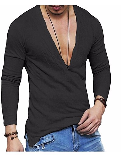 cheap Men&#039;s Tops-Men&#039;s T shirt Tee Shirt Graphic Patterned Solid Colored Deep V Daily Long Sleeve Tops Linen Basic Muscle White Black