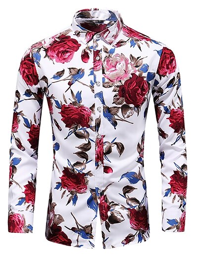 cheap Men&#039;s Tops-Men&#039;s Shirt Floral Collar Plus Size Street Daily Long Sleeve Print Slim Tops Basic Casual Vintage Comfortable Black Blue Red / Wash with similar colours / Holiday / Going out