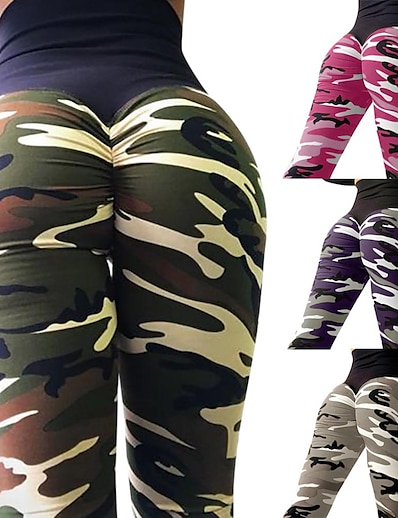 cheap Exercise, Fitness &amp; Yoga-Women&#039;s Yoga Pants High Waist Leggings Bottoms Scrunch Butt Camo / Camouflage Tummy Control Butt Lift Quick Dry Purple Army Green Camouflage Fitness Gym Workout Running Winter Summer Sports Activewear