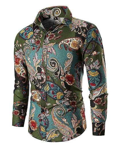 cheap Men&#039;s Tops-Men&#039;s Shirt Paisley Tribal Collar Street Daily Long Sleeve Tops Basic Fashion Vintage Cool Green Red / Wash with similar colours / Breathable / Holiday