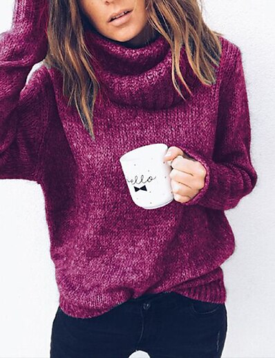 cheap Sweaters &amp; Cardigans-Women&#039;s Pullover Jumper Sweater Solid Color Knitted Stylish Basic Casual Long Sleeve Regular Fit Sweater Cardigans Fall Winter Turtleneck Blushing Pink Black Fuchsia / Going out