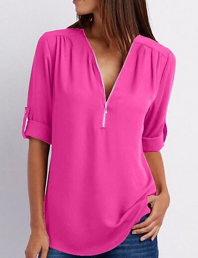 hesapli 2022 Trendleri-Kadın&#039;s Bluz Gömlek Solid Fermuar Çeyrek Zip V Yaka Temel Üstler Karpuz Pembesi Beyaz Siyah