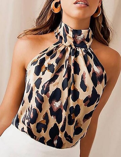 preiswerte Damen-Oberteile-Damen Bluse Muskelshirt Hemd Leopard Gepard-Druck Neckholder Oberteile Schlank Gelb