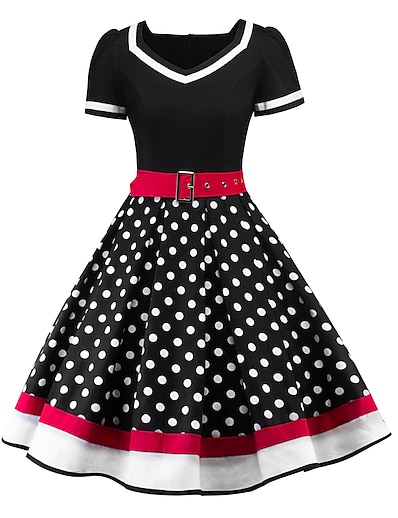 Χαμηλού Κόστους Στολές της παλιάς εποχής-Όντρεϊ Χέπμπορν Πουά Ρετρό / Βίντατζ Δεκαετία του 1950 Κοκτέιλ Φόρεμα Vintage Φόρεμα Φορέματα Φόρεμα χορού Καλοκαίρι Γυναικεία Στολές Μαύρο / Κόκκινο / Λευκό / Μαύρο Πεπαλαιωμένο Μεταμφίεση