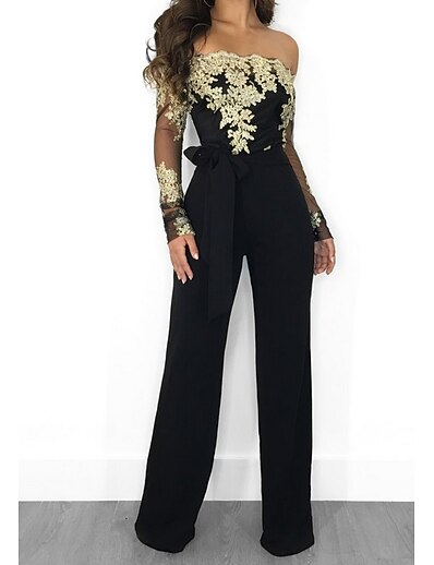 cheap Jumpsuits &amp; Rompers-Women&#039;s Jumpsuit Floral Tulle Chiffon Sexy Wide Leg Long Sleeve Regular Fit Blue Black Wine S M L Fall / Lace