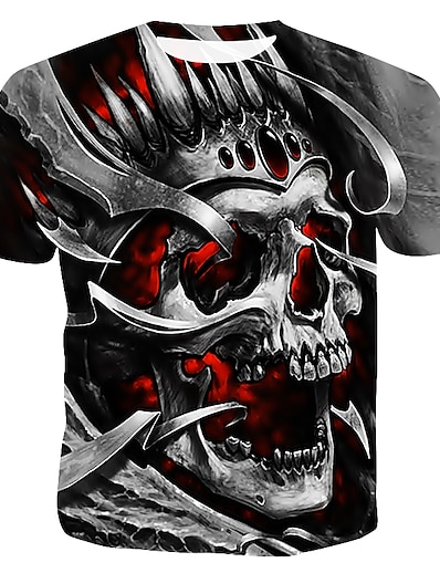 preiswerte Herren-Herren T-Shirt Grafik 3D Totenkopf Motiv 3D-Druck Rundhalsausschnitt Übergröße Alltag Täglich Kurzarm Bedruckt Oberteile Grau / Sommer