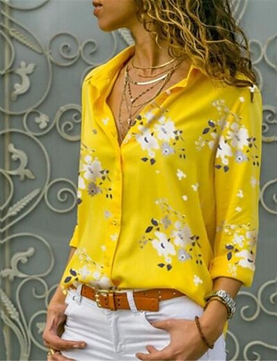 hesapli Kadın Üstleri-Kadın&#039;s Çalışma Bluz Gömlek Uzun Kollu Çiçekli Leopar Çiçek Gömlek Yaka Desen Temel Günlük Üstler Normal Leopar Sarı Beyaz