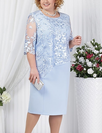 cheap Plus size-Women&#039;s Plus Size Floral Sheath Dress Lace Round Neck Half Sleeve Work Vintage Prom Dress Fall Spring Party Daily Knee Length Dress Dress