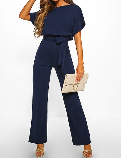 cheap Jumpsuits &amp; Rompers-Women&#039;s Jumpsuit Solid Color Wide Leg Belted Casual Round Neck Straight Daily Going out Short Sleeve Loose Blue Black Pink S M L Fall