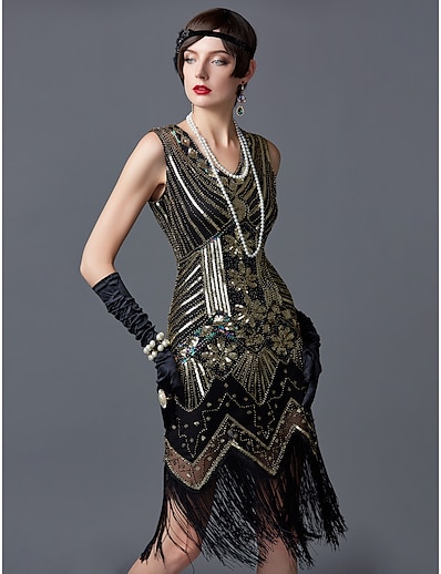 cheap Cosplay &amp; Costumes-The Great Gatsby Charleston Roaring 20s 1920s Cocktail Dress Vintage Dress Flapper Dress Cocktail Dress Ball Gown Prom Dress Women&#039;s Sequin Tassel Fringe Costume Emerald Green / Golden / Silvery