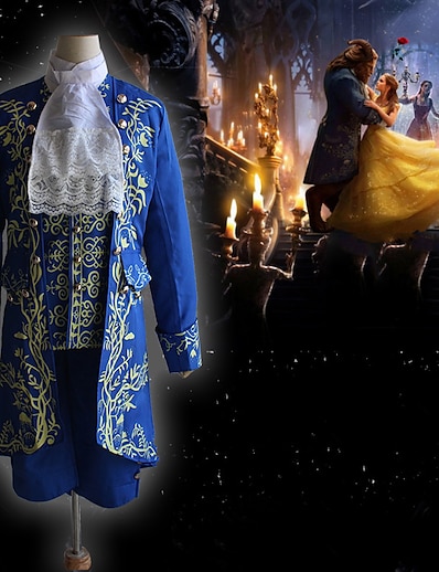 cheap Historical &amp; Vintage Costumes-Prince The Beast and Beauty Aristocrat Outlander Vintage Inspired Medieval Outfits Masquerade Outerwear Men&#039;s Costume Blue Vintage Cosplay Long Sleeve Party Halloween Queen&#039;s Platinum Jubilee 2022