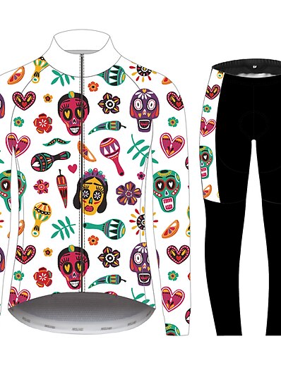 cheap Cycling-21Grams® Sugar Skull Funny Long Sleeve Men&#039;s Cycling Jersey with Tights - Black+White Bike Windproof UV Resistant Breathable Clothing Suit Sports 100% Polyester Summer Mountain Bike MTB Clothing