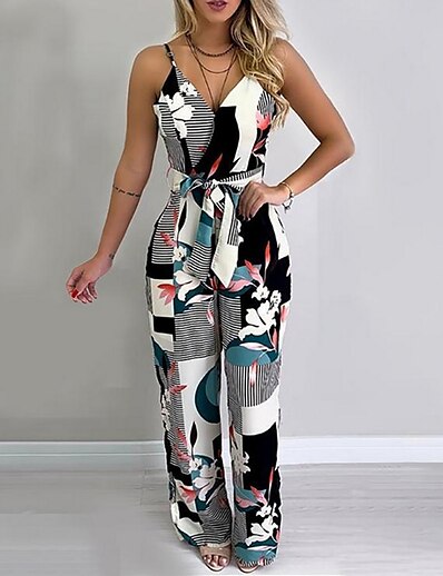 cheap Jumpsuits &amp; Rompers-Women&#039;s Jumpsuit Geometric Print Basic Strap Straight Party Daily Sleeveless Slim Black S M L Summer