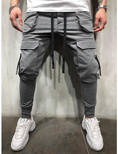 hesapli Erkek Altları-Erkek Temel Klasik Pantolon Kargo Pantolon Tam uzunluk Pantolon Mikro-Esnek Pamuklu Solid Orta Bel Siyah Gri Beyaz XS S M L XL / Büzgülü
