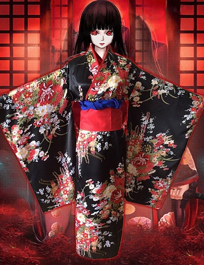 billige Anime cosplay-Inspirert av Djevel Pike Enma Ai Anime  &quot;Cosplay-kostymer&quot; Japansk Cosplay-drakter Sløyfe Kimono Frakk Belte / bånd Til Dame