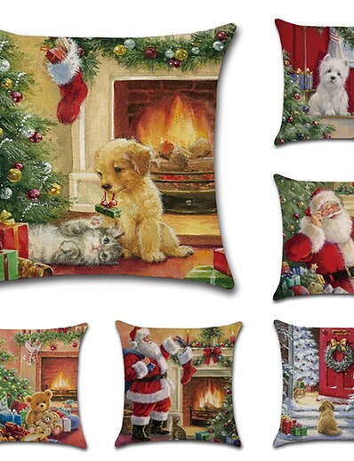cheap Home &amp; Garden-6 pcs Faux Linen Pillow Cover, Traditional Christmas Holiday Christmas Square Traditional Classic