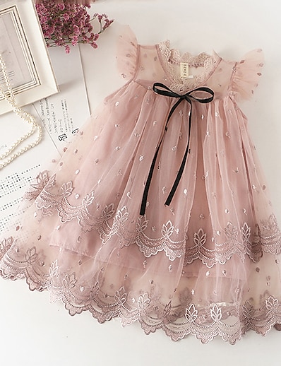 Χαμηλού Κόστους Τάσεις της μόδας 2022-Νήπιο Παιδικά Λίγο Φόρεμα Κοριτσίστικα Φιόγκος Φόρεμα τούλι Τούλι Δίχτυ Δαντέλα Λευκό Ανθισμένο Ροζ Βαθυγάλαζο Ως το Γόνατο Αμάνικο χαριτωμένο στυλ Γλυκός Φορέματα Η Μέρα των Παιδιών Κανονικό