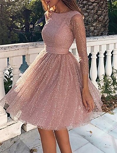 cheap Dresses-Women&#039;s Short Mini Dress Swing Dress Pink Gold Light Blue Long Sleeve Backless Glitter Solid Color Round Neck Fall Spring Party Hot Sexy 2022 S M L XL XXL