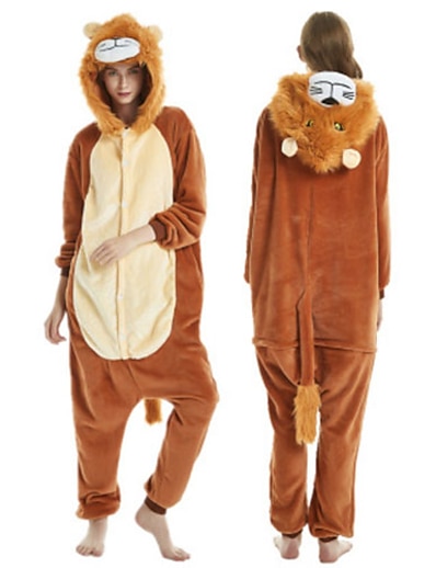 cheap Cosplay &amp; Costumes-Adults&#039; Kigurumi Pajamas Lion Onesie Pajamas Flannel Brown Cosplay For Men and Women Animal Sleepwear Cartoon Festival / Holiday Costumes