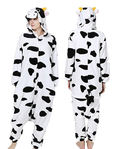 cheap Cosplay &amp; Costumes-Adults&#039; Kigurumi Pajamas Milk Cow Onesie Pajamas Flannel Fabric Black / White Cosplay For Men and Women Animal Sleepwear Cartoon Festival / Holiday Costumes
