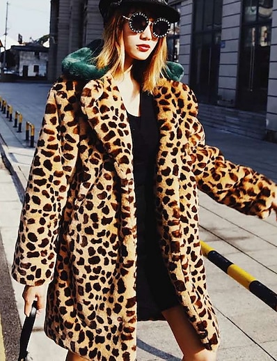 cheap Women&#039;s Outerwear-Women&#039;s Faux Fur Coat Fall &amp; Winter Daily Long Coat V Neck Regular Fit Jacket Long Sleeve Leopard Light Brown