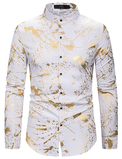 お買い得  男性-男性用 シャツ 幾何学模様 カラー スタンドカラー 日常 長袖 トップの ホワイト シルバー ゴールド