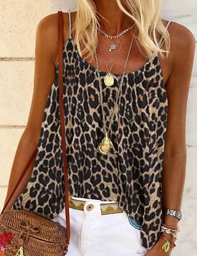 povoljno Trendovi 2022-Žene Bluza Potkošulja Leopard Gepard print S naramenicama Boho Vrhovi Plava Fuksija Crn